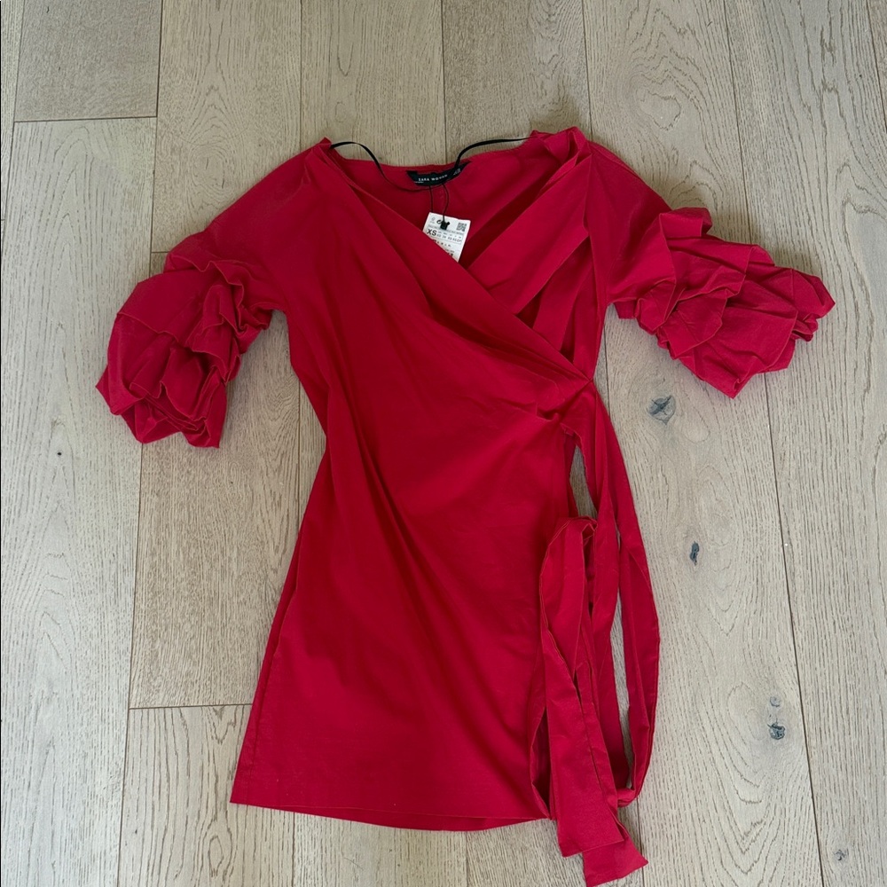 Zara Red Wrap Dress with Ruffled Sleeves